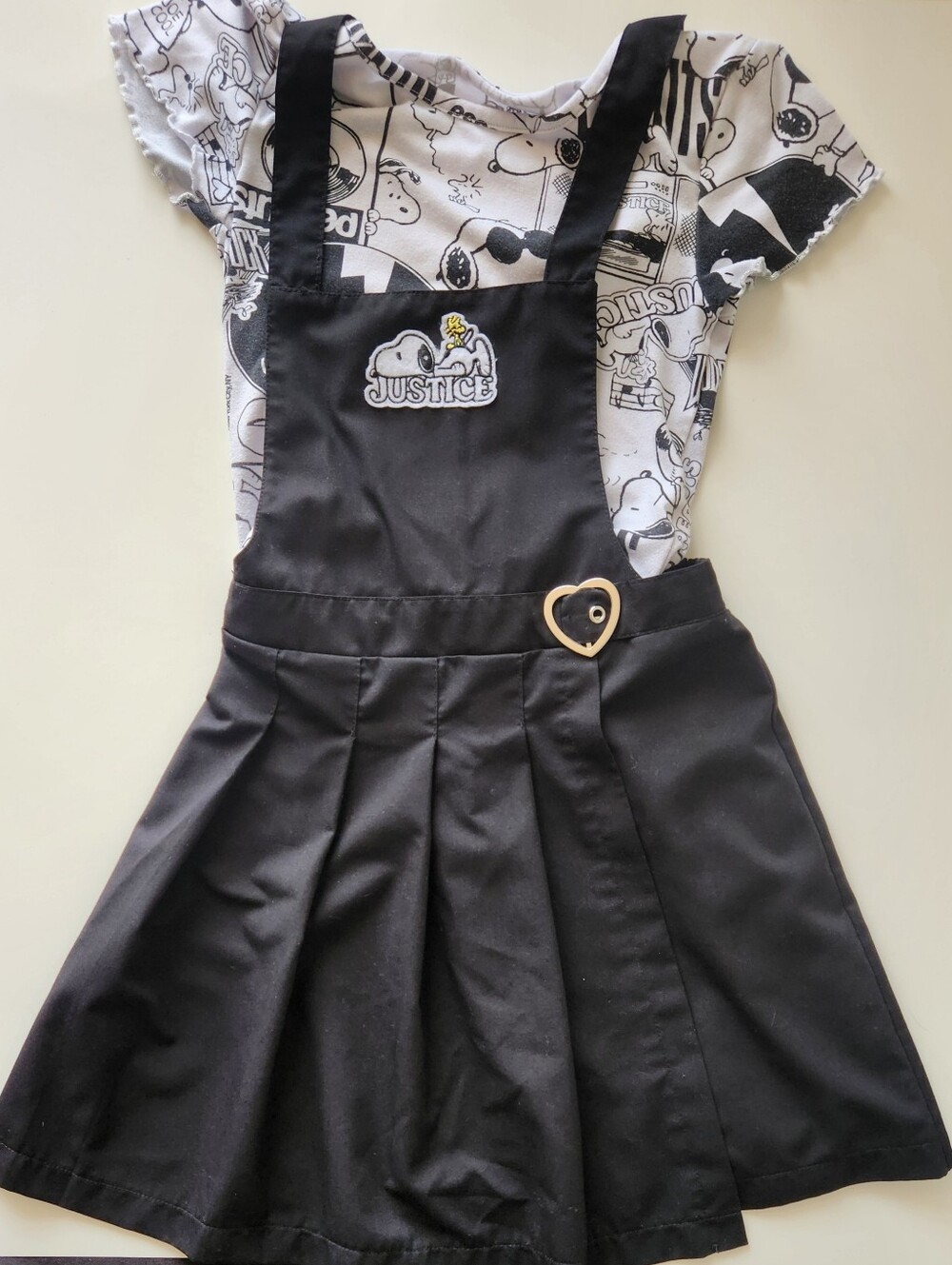 Girls Snoopy Black White Pinafore Jumper Short Sleeve Shirt Sz 7/8